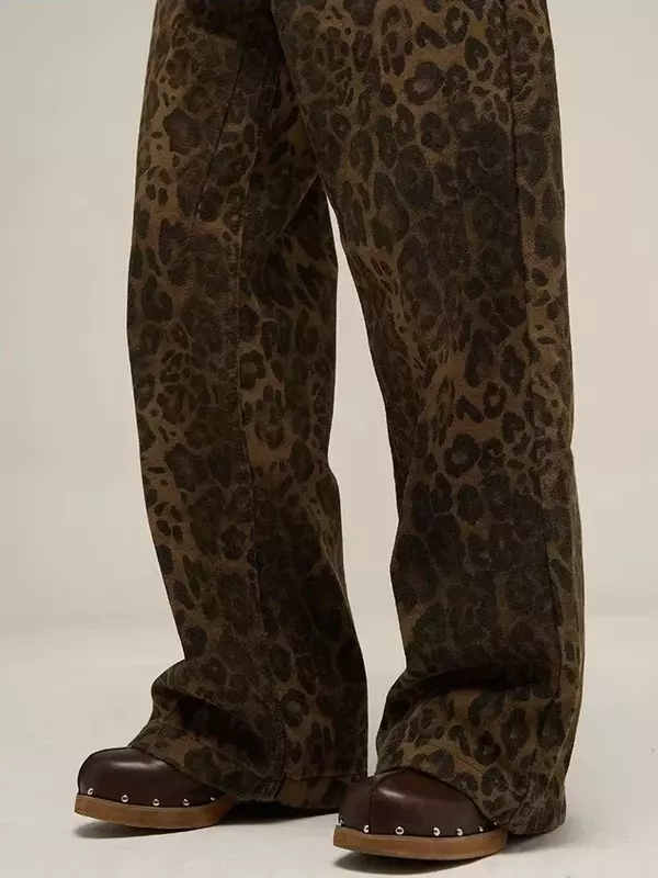 هوتشو-جينز نسائي جلد النمر ، بنطال جينز ، كبير الحجم ، بنطال واسع الساق ، ملابس الشارع ، الهيب هوب ، ملابس كلاسيكية ، فضفاضة ، غير رسمية ، تان