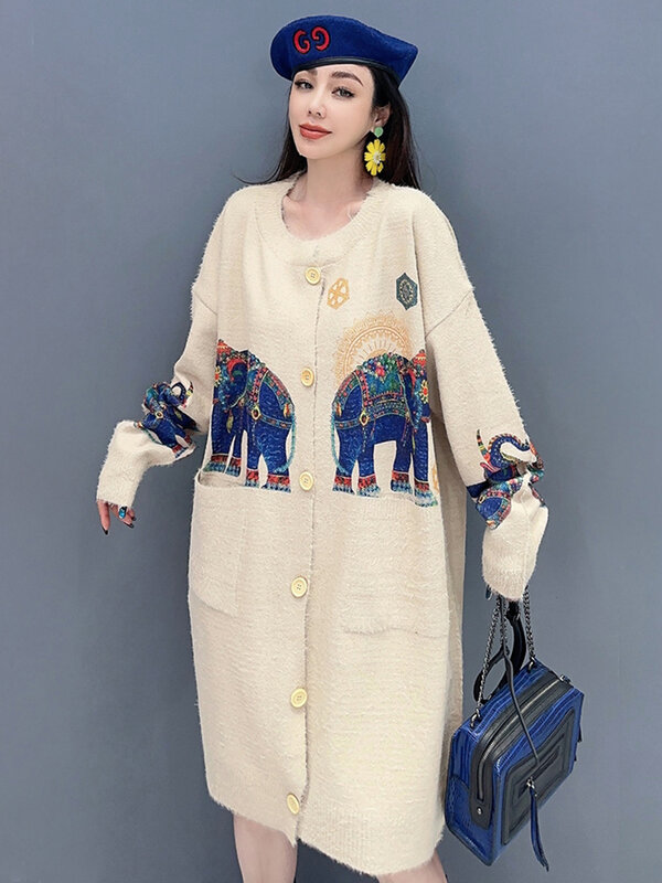 فستان سويتر SHENGPALAE-elephel مطبوع للنساء ، جيوب مزدوجة ، خليط فضفاض ، حياكة متعددة الاستخدامات ، ربيع ، جديد ، 7.5 ، 5R9157