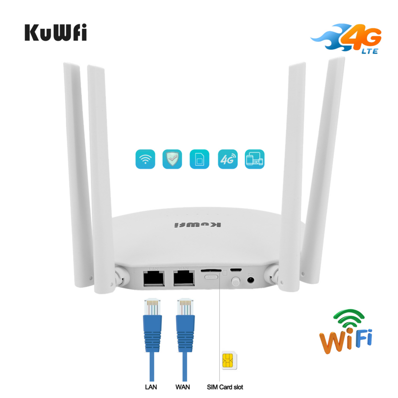 KuWFi-جهاز توجيه CPE لاسلكي مع بطاقة Sim ، واي فاي 4G ، Mbps ، نقطة ساخنة منزلية غير مقفلة ، 4 هوائي خارجي ، 32 مستخدمًا