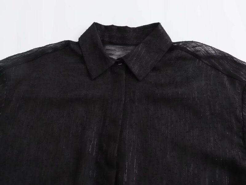 قميص شيفون بأكمام طويلة من Jenny & Dave للنساء ، بلوزة سوداء أنيقة ، قطع علوية بريطانية ، خيط معدني ، موضة