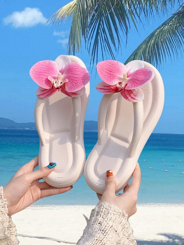 شبشب شاطئ للنساء ، شبشب مع عظام متعرجة وأوركيد فراشة ، أحذية عصرية للعطلات ، الصيف