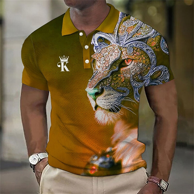 الحيوان الرجال بولو قميص ثلاثية الأبعاد الأسد الطباعة عادية اليومية التلبيب القمم تيز شرسة الوحش تي شيرت للرجل ملابس الصيف قصيرة الأكمام