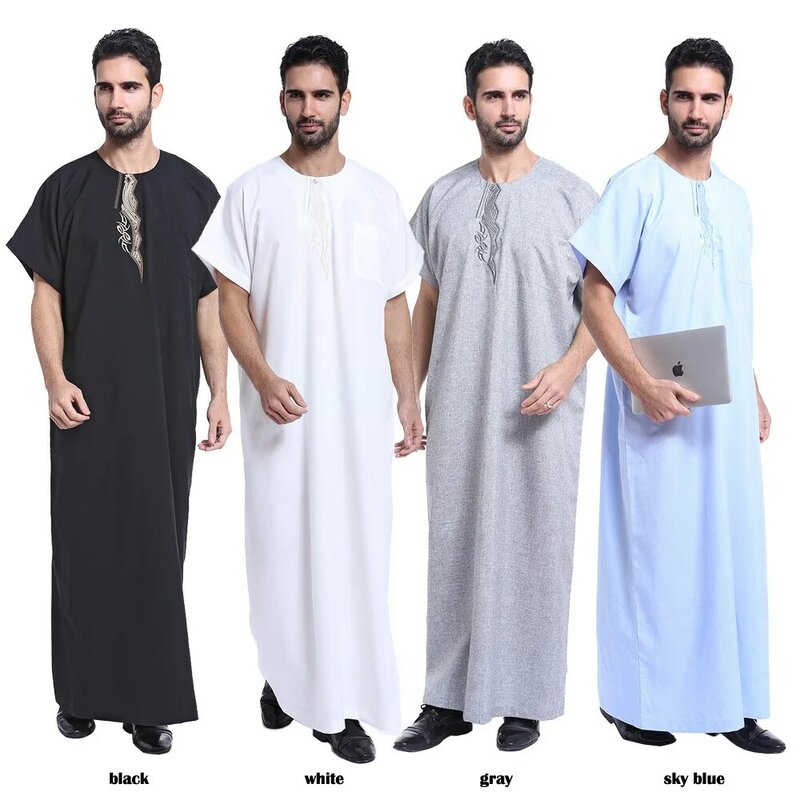قمصان طويلة عصرية للرجال العرب بأكمام قصيرة ورقبة دائرية رداء رجالي بلون سادة وقفطان إسلامي قمصان طويلة جوبا ثوب غير رسمي