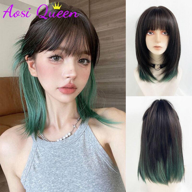 AOSI-شعر مستقيم قصير اصطناعي مع رأس البوري ، شعر مستعار تأثيري ، دقات طبيعية ، مصبوغ معلق على الأذن ، لوليتا ، مقاوم للحرارة ، أخضر