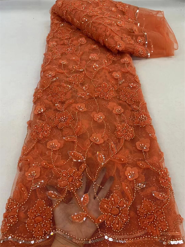 قماش دانتيل أفريقي بالترتر مع الخرز الثقيل ، تول فرنسي ، فستان زفاف فاخر ، تطريز ، جودة عالية ، 5 ياردات ، 7.5
