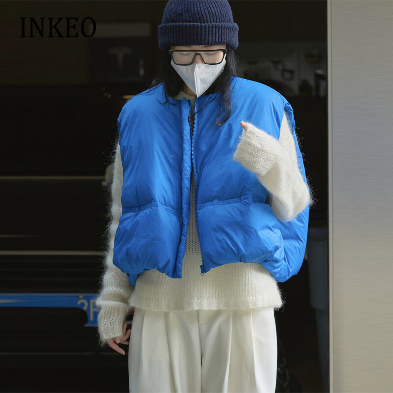 INKEO-المتضخم أكمام بطة أسفل سترة للنساء ، رقيق سترة ، الأزرق صدرية ، موضة ملابس الشارع ، 90% الأبيض والخريف والشتاء ، 2O265