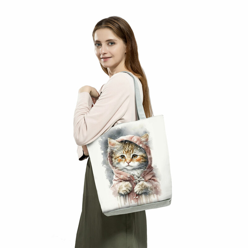 مخصص ايكو السفر شاطئ حمل حقيبة يد للنساء السببية لطيف الحيوان أكياس التسوق حقيبة الكتف قدرة عالية Kawaii الحبر القط طباعة