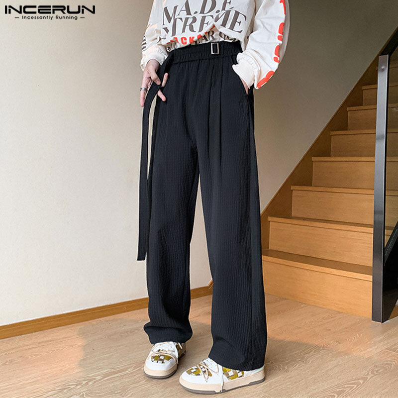 إنسيرون-سراويل فضفاضة مخططة مطوي على الطراز الكوري ، ملابس غير رسمية ، ثياب صلبة ، بنطلونات بساق مستقيمة ، صوفي
