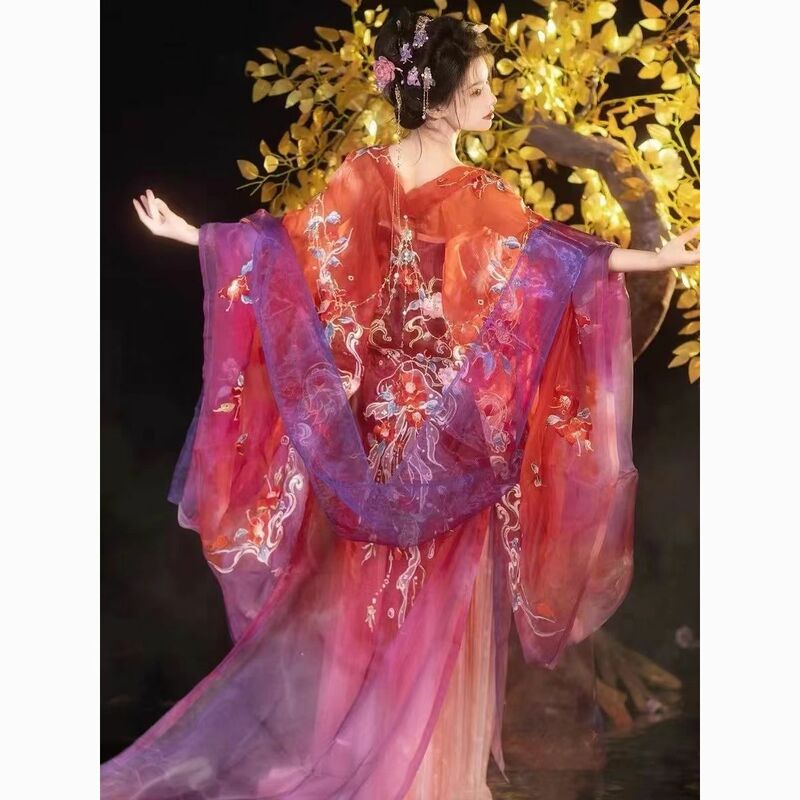هانفو تنورة مطرزة مطوي للنساء ، تانغ ثوب طويل ، أكمام كبيرة ، فستان صيفي ، صباغة بالألوان الأساسية ، النمط الصيني التقليدي