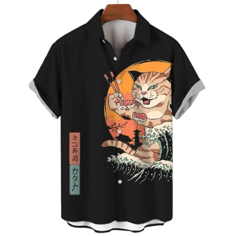 قميص رجالي ياباني مطبوع عليه قطة ساموراي ، توبات سوشي ، ملابس صيفية ، كاجوال ، بلوزة قصيرة ، هاواي ، هاراجوكو ، موضة عتيقة