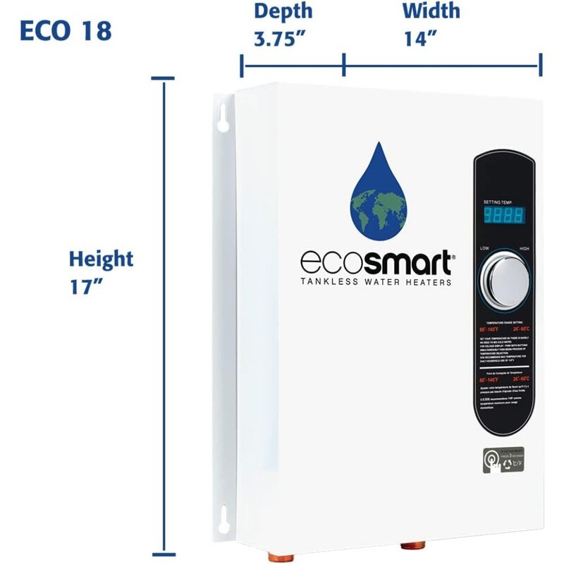 سخان مياه كهربائي بدون خزان ، Eco 18 ، 18 كيلو وات في فولت ، مع تقنية تعديل ذاتي براءة اختراع ، 17x14x3.5