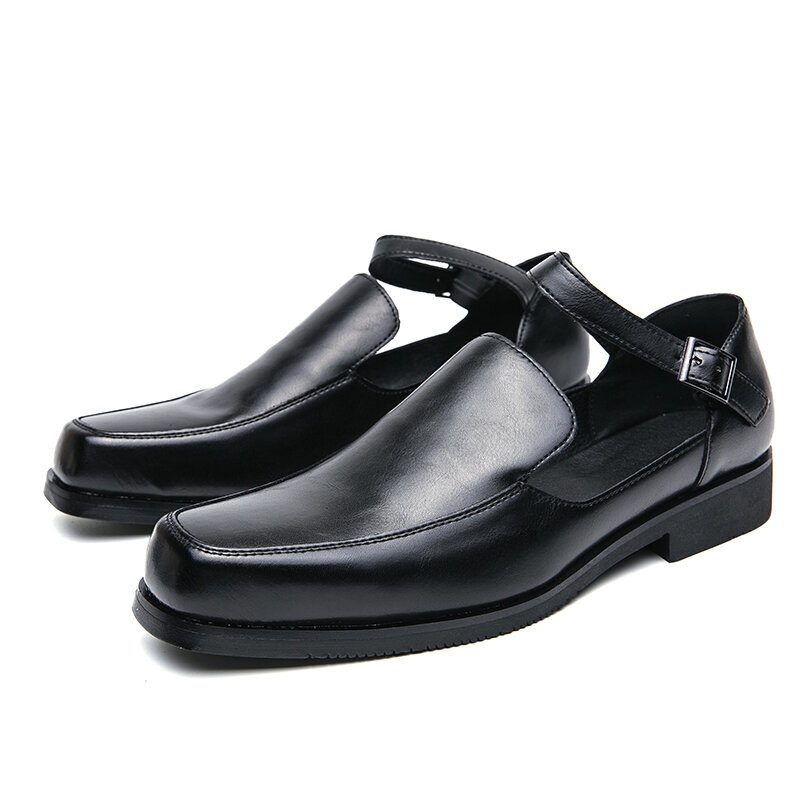 حذاء كاجوال FUQIAO-Black للرجال ، جلد PU ، حزام مشبك ، صنادل بمقدمة مستديرة ، أحذية رسمية ، عمل ، جديد ، صيف ، مقاس 38-46