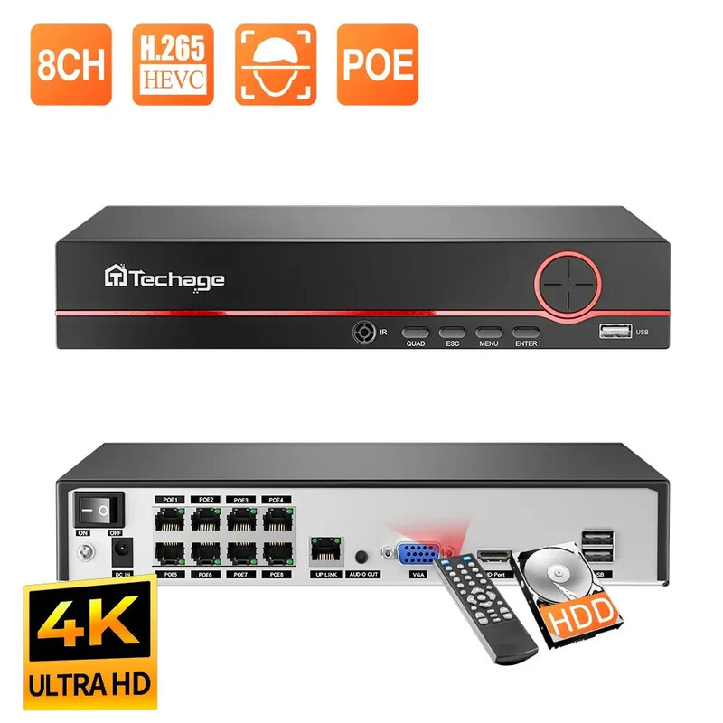 Techage H.265 8CH 4K 2K POE NVR الأمن شبكة مراقبة مسجل فيديو يصل إلى 16CH لنظام الدوائر التلفزيونية المغلقة POE كاميرا IP مسجل