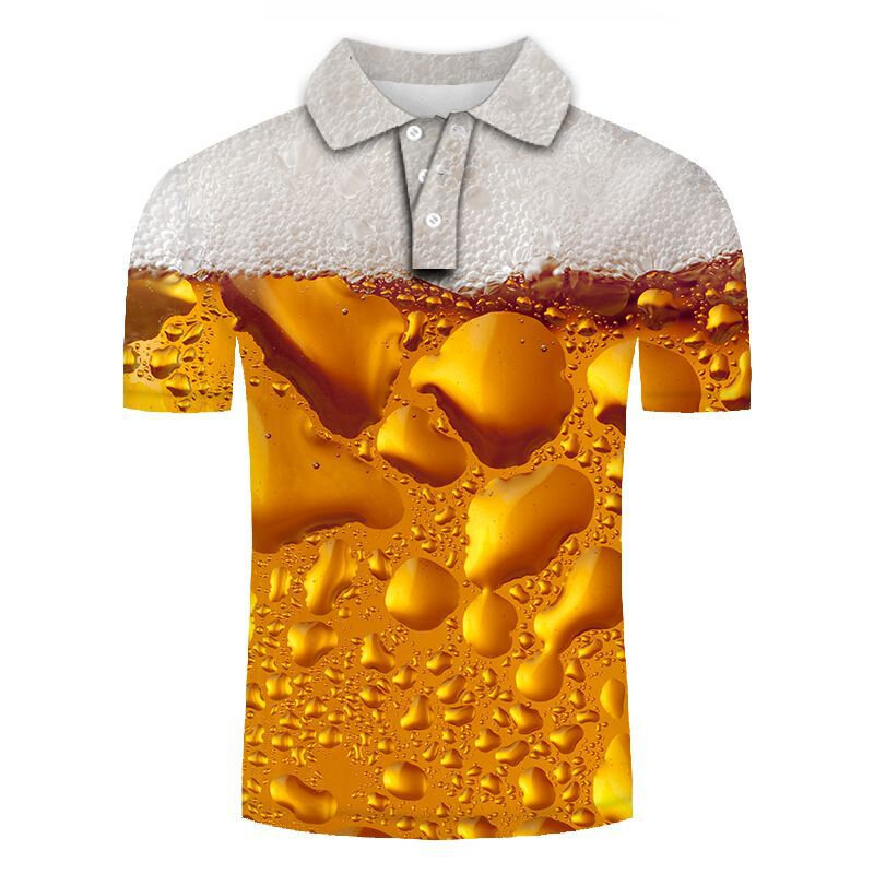 الرجال مضحك البيرة 3D زر الطباعة أسفل طوق قميص بولو ، قمم عارضة ، المتضخم قمصان قصيرة الأكمام ، الملابس الاتجاه ، الصيف
