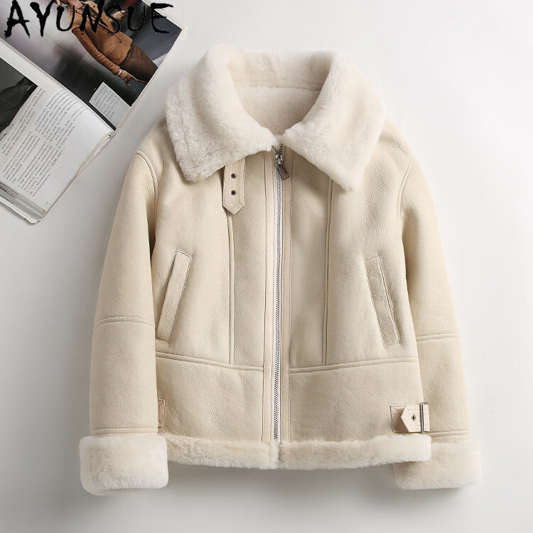 Ayunsu معطف الفرو الطبيعي للنساء ملابس الشتاء حقيقية جلد الغنم سترة Famale معاطف بيضاء قصيرة فورر فام SQQ1126