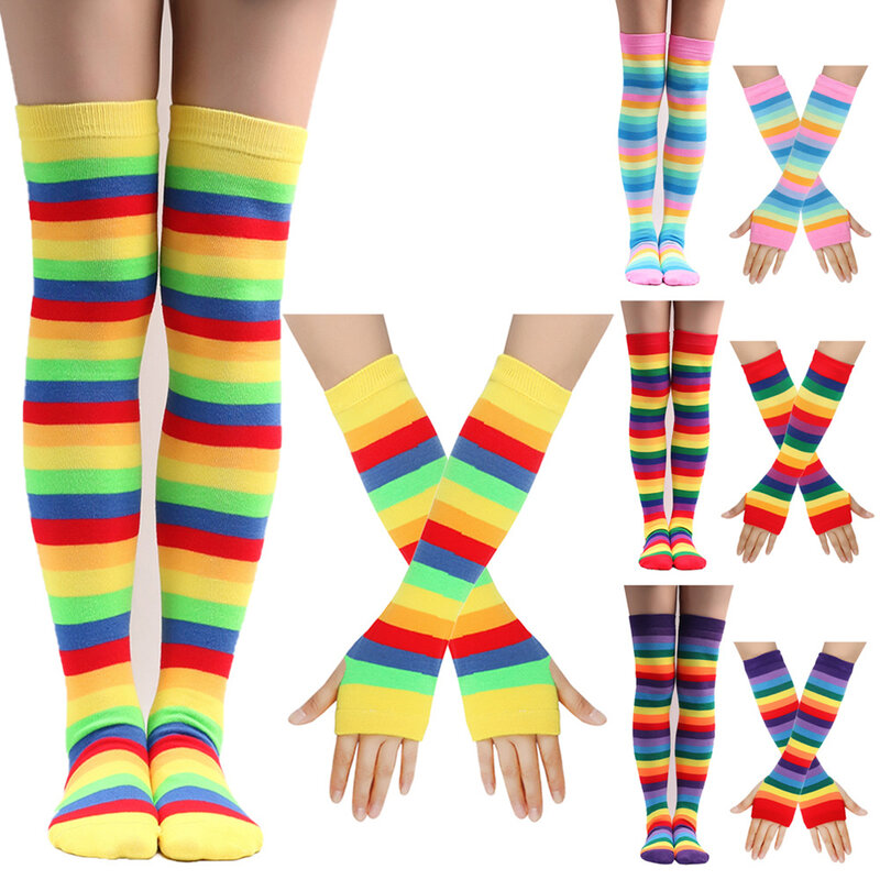جوارب ملونة مخططة للنساء ، ارتفاع الفخذ ، جوارب فوق الركبة ، تدفئة الذراع ، مجموعة قفازات بدون أصابع ، كاجوال