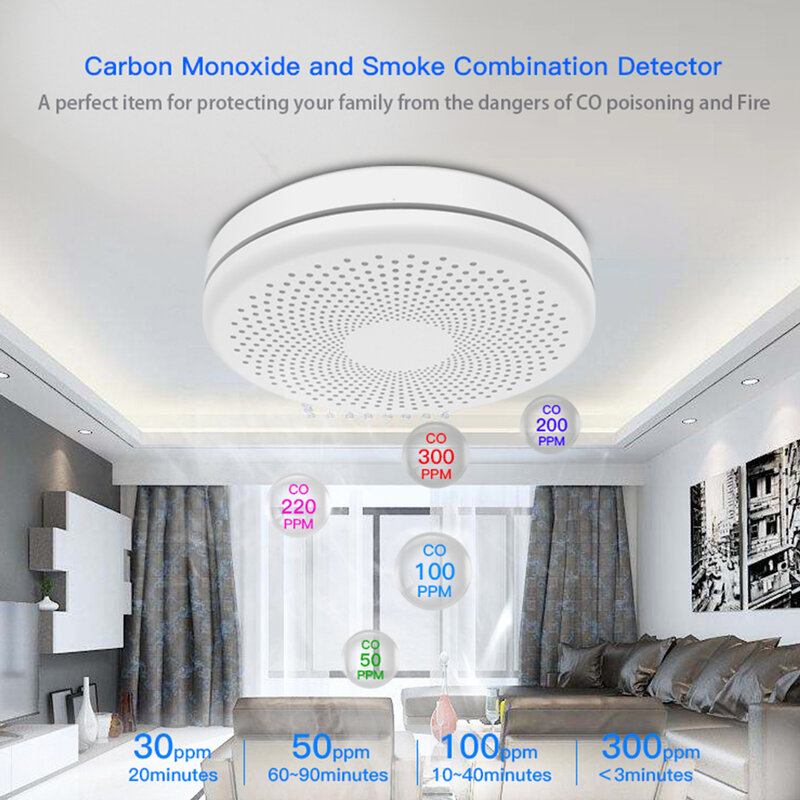 CPVAN-WiFi CO و كاشف الدخان ، أمن الوطن الذكي ، معدات الحماية ، أول أكسيد الكربون الدخان ، 2 في 1 جهاز استشعار التنبيه ، استخدم Tuya App