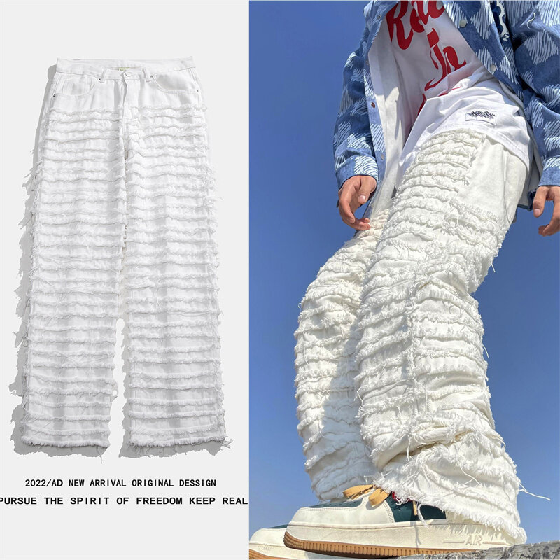 بنطلون جينز رجالي ممزق ثقيل صناعة هيب هوب أمريكي موضة 2023 ربيعي فضفاض مستقيم بتصميم فيبي سروال أبيض واسع