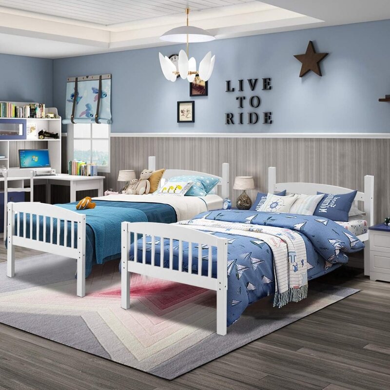 سرير مزدوج فوق طابقين ، قابل للتحويل إلى سريرين من خشب المطاط الصلب الفردي ، غرفة نوم الأطفال