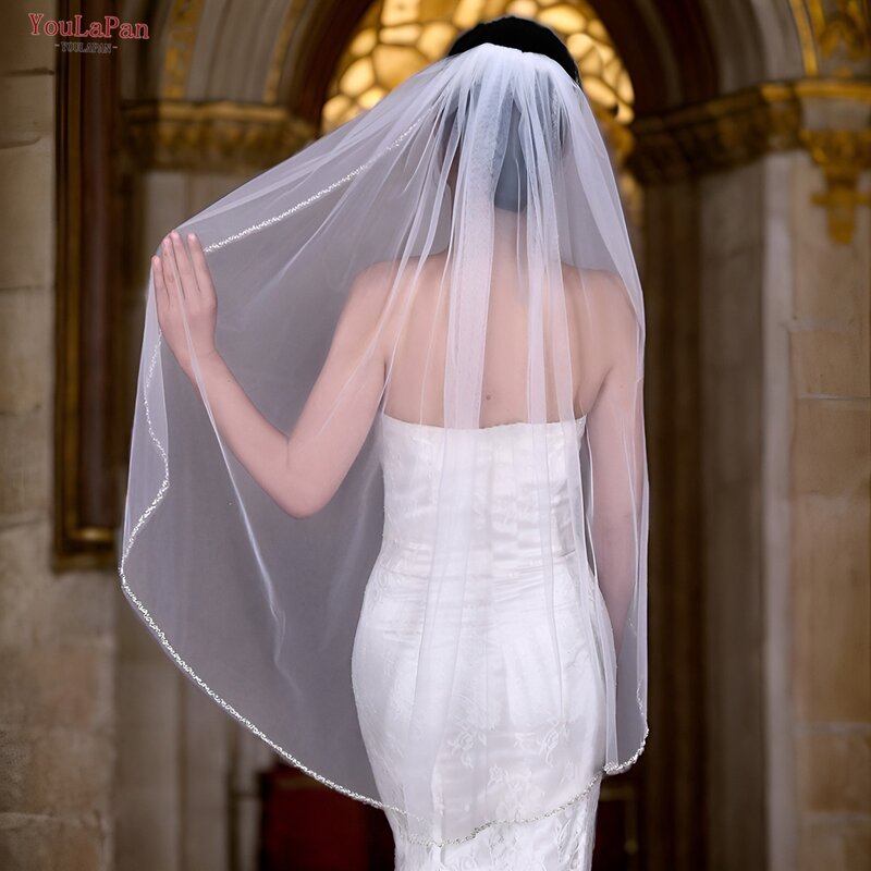 YouLaPan الحجاب الزفاف مع حافة الكريستال الحجاب الزفاف أنيقة مع مشط الماس الحجاب الزفاف طبقة واحدة قصيرة طول الكوع V32