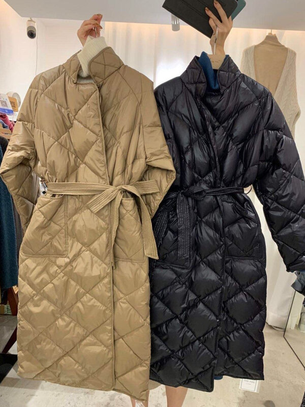2022 الشتاء المرأة الأسود معطف طويل القطن مبطن سترة الكورية عادية فضفاض الشارع نمط حزام سترة معطف المعتاد النساء