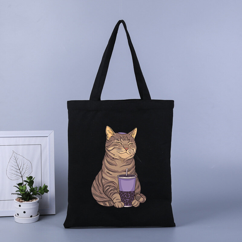 حقيبة تسوق من قماش البوبا القط ، حقيبة يد بسعة كبيرة ، حقيبة حمل للطلاب ، حقيبة مدرسية