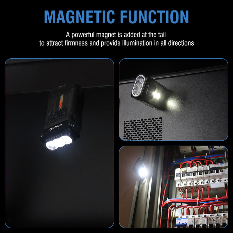 BORUiT-V15 EDC المحمولة سلسلة المفاتيح مصباح يدوي ، الشعلة الصغيرة ، نوع-C ، ضوء العمل القابلة لإعادة الشحن مع مشبك مغناطيسي ، فانوس جيب الطوارئ
