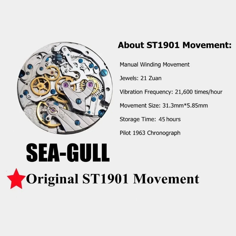 ساعة يد كرونوجراف من Seagull-Pilot للرجال ، ساعة طيار أصلية ، ساعة ST1901 ، حركة ميكانيكية يدوية للرياح ، قوة جوية ، 40 * ،
