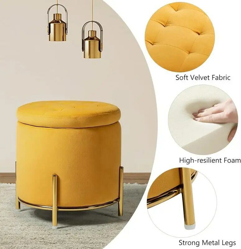 كرسي مسند قدم مخملي دائري ، أرجل معدنية ذهبية ، تخزين بأزرار معقمة ، غرفة معيشة وغرفة نوم