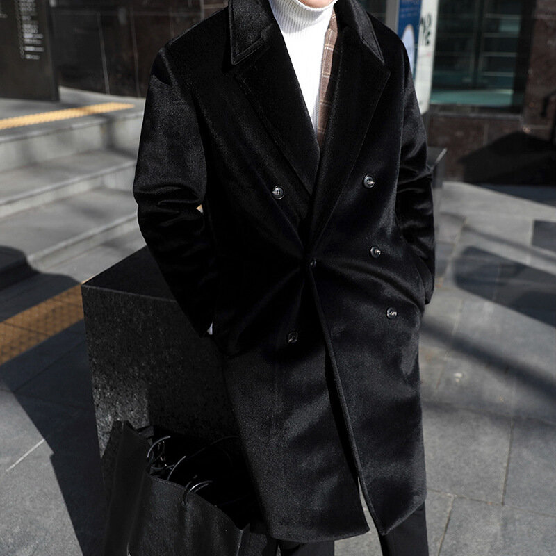 معطف فرو من الصوف العمودي للرجال النسخة الكورية معطف شتوي سميك من الصوف معطف متوسط الطول فضفاض مناسب