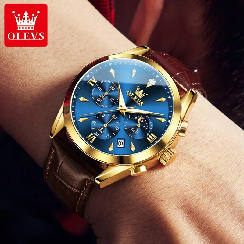 ساعة كوارتز جلدية مقاومة للماء من OLEVS للرجال ، تقويم مضيء ، ساعات كرونوغراف ، ذهبية ، زرقاء ، علامة تجارية للأزياء