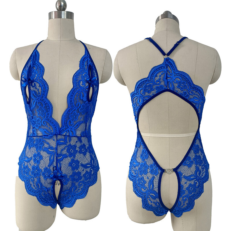 Sexy Crotchless Blue Lingerie Women Lace Hollow Bodysuit Erotic Pajamas Teddy Babydoll Dress Deep V Open Bra Porn Underwear Set
