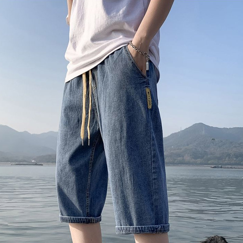 نسخة كورية للرجال شورت جينز ، رقيق ، فضفاض ، مستقيم ، رباط ، سروال خصر مرن ، كبير ، صيفي ، موضة ، جديد ، 5XL