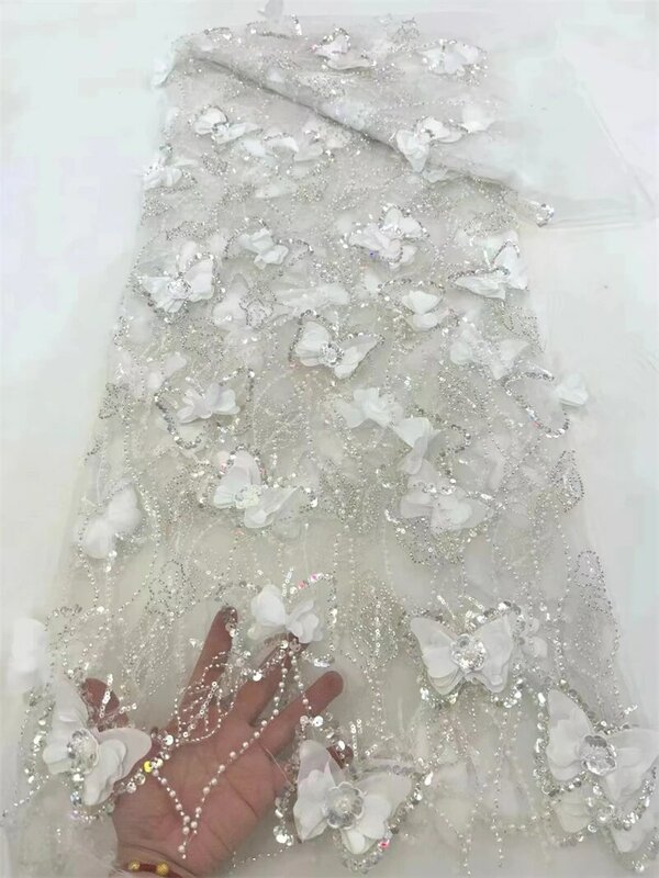 قماش دانتيل مطرز يدويًا ، تطريز أبيض ، فستان زفاف فرنسي ، تول مائي مطرز ، زهور ثلاثية الأبعاد ، راقي