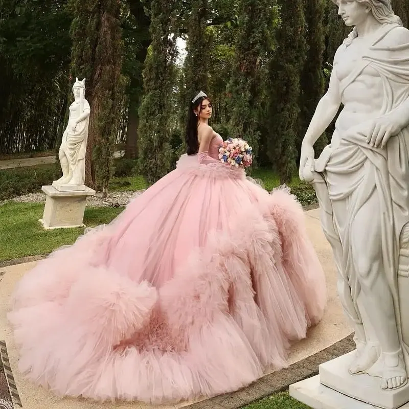 تول فستان حفلة مكشكش ، فساتين Charro Quinceanera الوردية ، 16 فستان حلو مكسيكي ، 15 سنة ، 15 سنة