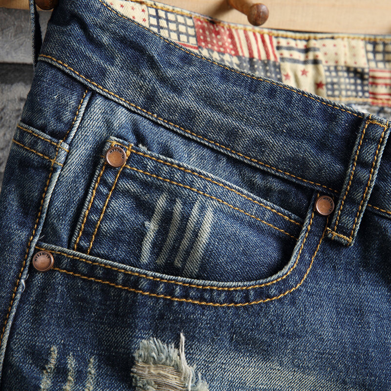 شورت جينز رجالي قصير ممزق عتيق جديد لصيف 2023 ملابس الشارع الشهير ضيق من قماش الدنيم ملابس الرجال ذات العلامة التجارية