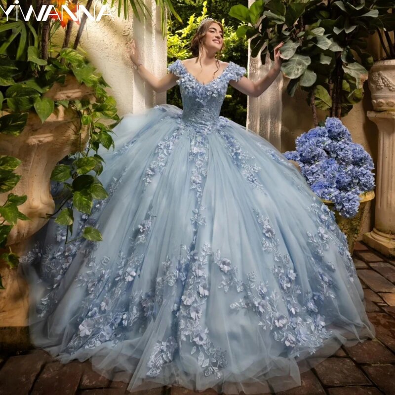 السماء الزرقاء قبالة الكتف Quinceanrra فساتين حفلة موسيقية ، يزين جميلة ، 3D زهرة الأميرة ، طويلة رشيقة الحلو ، 16 اللباس