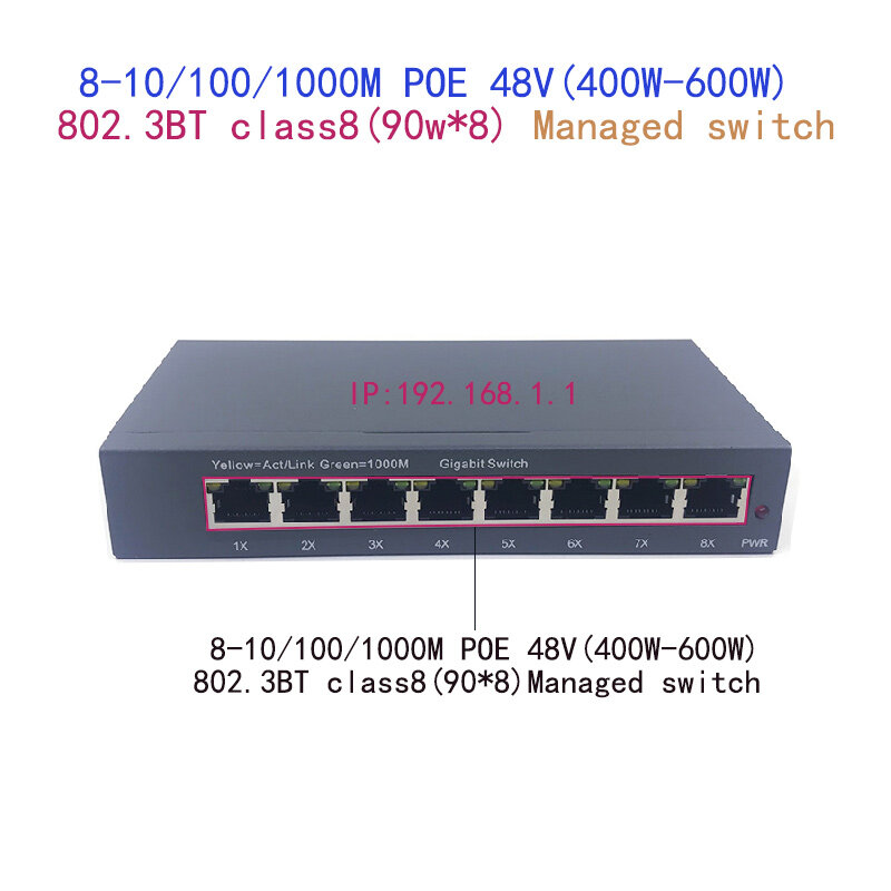 8-port 10/100/1000M POE 48V(400W-600W) 802.3BT class8(90W.8) التبديل المدارة