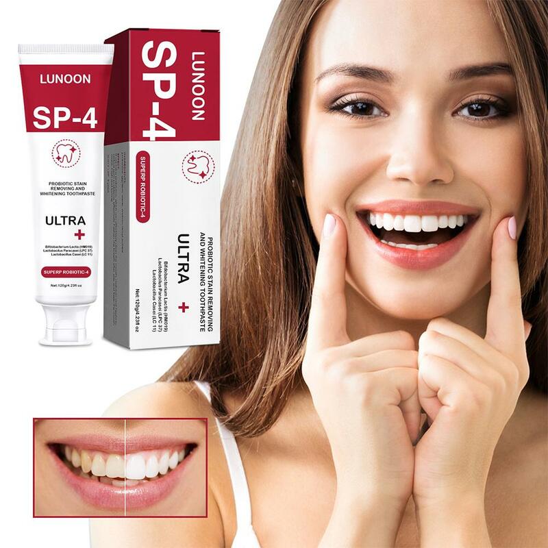 معجون أسنان بروبيوتيك Sp-4 تبييض تبييض الأسنان حماية اللثة الطازجة الفم تنظيف الأسنان العناية بالصحة الأسنان 120g
