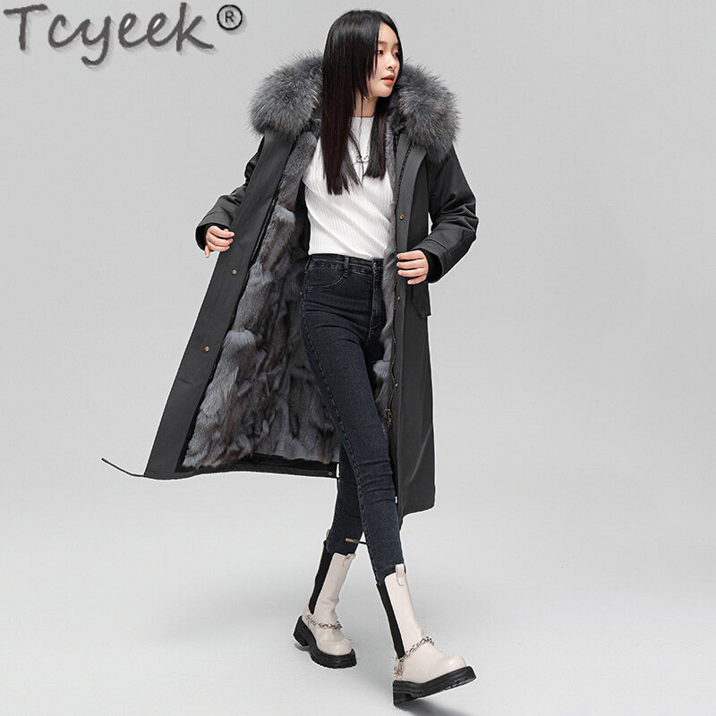 Tcyeek-معطف فرو الثعلب الحقيقي للنساء ، سترة الشتاء ، بطانة ، انفصال ، موضة ، دافئ ، سترة مع طوق فرو الثعلب الكبير ، 2023