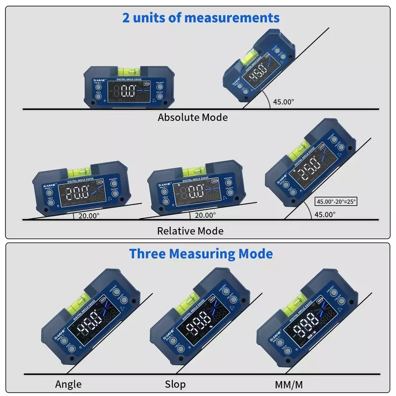 SHAHE مقياس الميل الرقمي المزدوج المحور المنقلة الإلكترونية القابلة لإعادة الشحن صندوق شطبة مستوى الإلكترونية قياس زاوية مكتشف