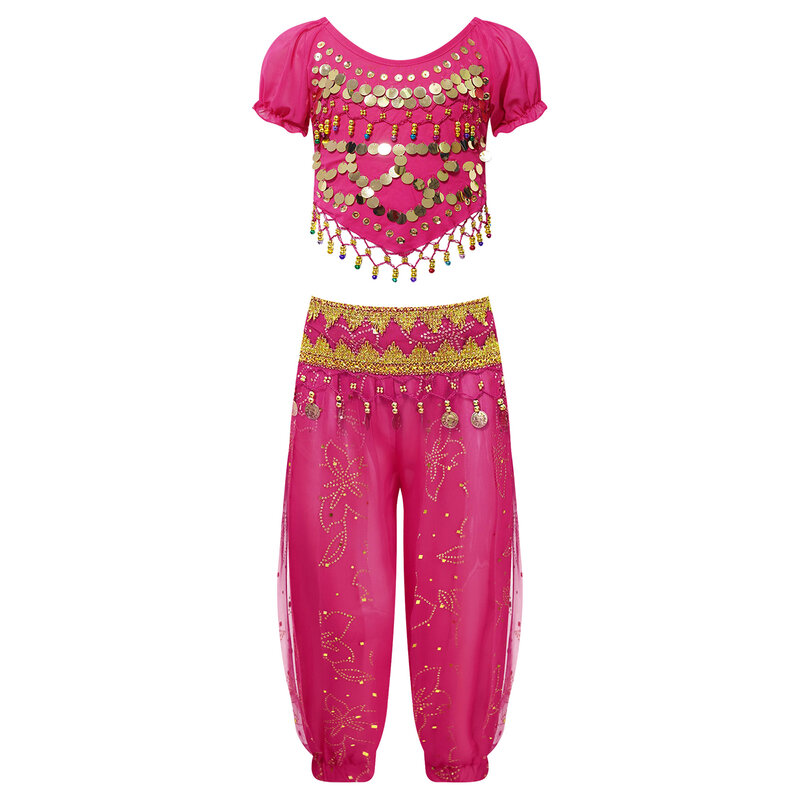 ملابس الرقص الشرقي للفتيات ، أميرة الهند ، شرابات قصيرة الأكمام ، قمة قصيرة مع البنطلون ، السراويل ، سلسلة الخصر ، زي الأداء للأطفال