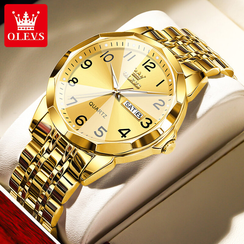 ساعة أوليف كوارتز ذهبية فاخرة للرجال ، فولاذ مقاوم للصدأ ، ضد الماء ، عمل ، كاجوال ، ساعة يد ، تاريخ ، موضة