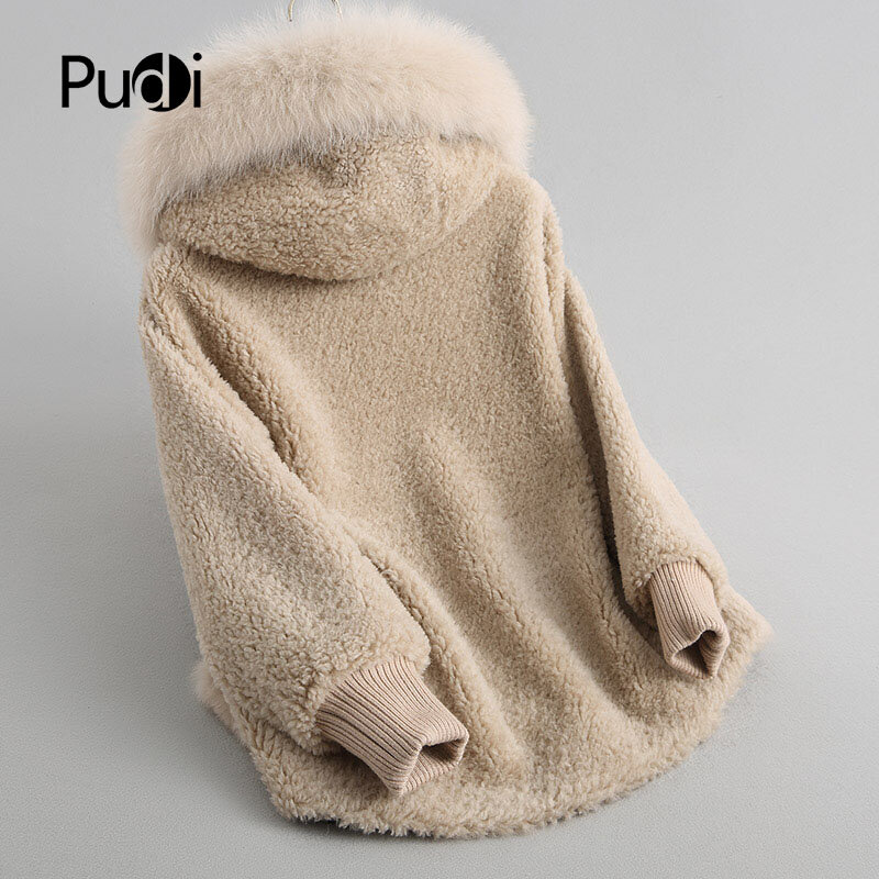 PUDI A18103 المرأة الشتاء الصوف الدافئة ريال فوكس الفراء هود معطف سيدة الصوف الحقيقي معطف طويل سترة معطف