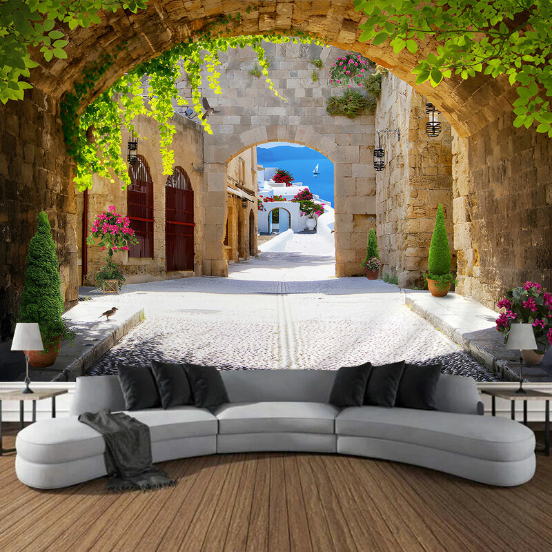 مشهد خارجي متوسطي نسيج ، حضري إيطالي ، جدار زهور ريفي ، تعليق كبير للفناء ، ديكور فني لجدار غرفة النوم