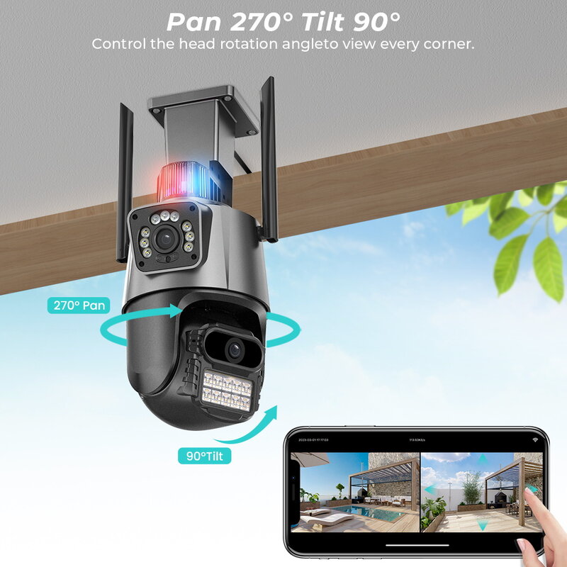 كاميرا مراقبة فيديو CCTV مقاومة للماء ، عدسة مزدوجة ، تتبع السيارات Ai ، إنذار ضوء الشرطة ، كاميرا IP ، 8MP ، 4K ، WiFi
