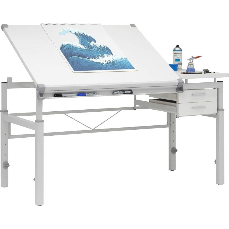 طاولة رسم قابلة للتعديل مع سطح مائل ، تصميم استوديو أبيض ، تصميم استوديو أبيض ، خط أبيض ، إمالة ، ارتفاع في x 30 بوصة