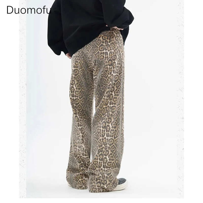 Duomofu-خمر ليوبارد طباعة الجينز للنساء ، عارضة الهيب البوب ، بنطلون واسع الساق ، المتضخم الجينز السراويل ، عالية مخصر ، الإناث بنطلون ، Y2K