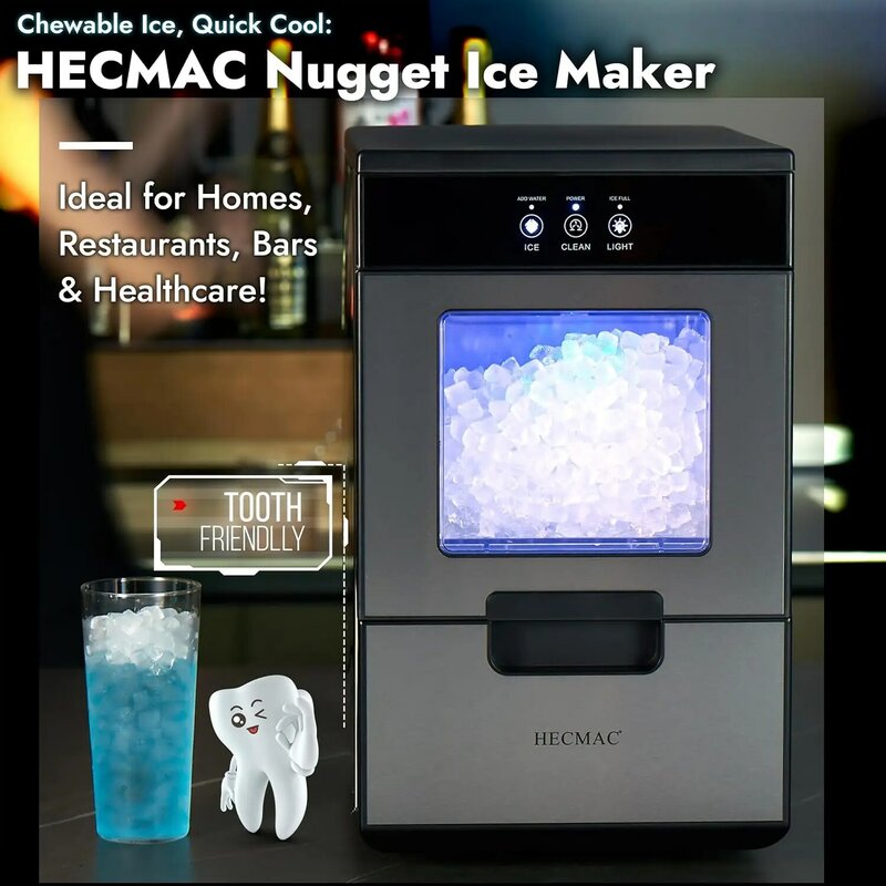ماكينة صنع الثلج القابلة للمضغ من Nugget numget ، إطلاق سريع للجليد ، تنظيف ذاتي ، غلاف من الفولاذ المقاوم للصدأ ، 44 رطل/يوم ، 10 دقائق