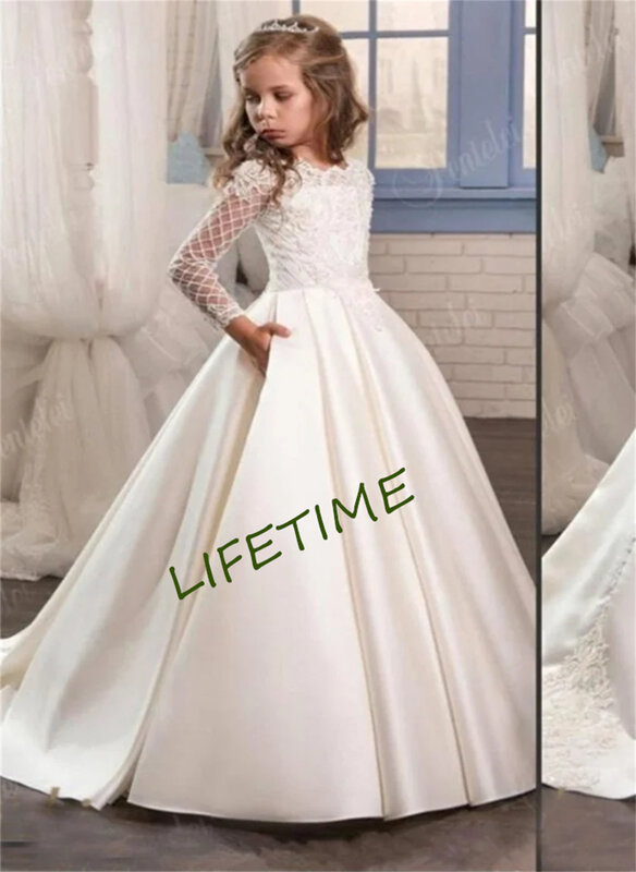 فستان بأكمام طويلة مزين بالدانتيل الأبيض للفتيات ، فساتين زهور من الساتان لحفل الزفاف ، مناسبة خاصة ، أول تواصل